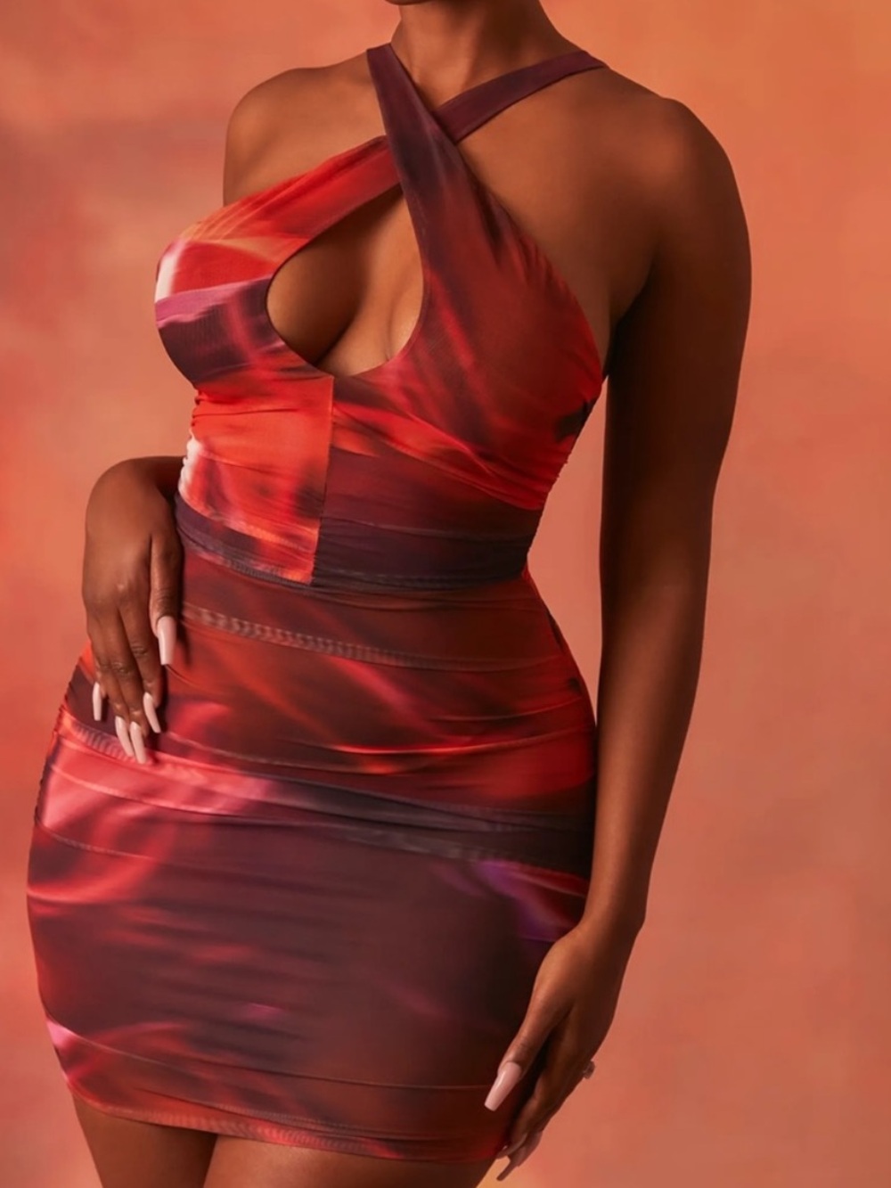 OH POLLY Out Of This World Crossover Ruched Mesh Mini Dress - Picture 3 of 10